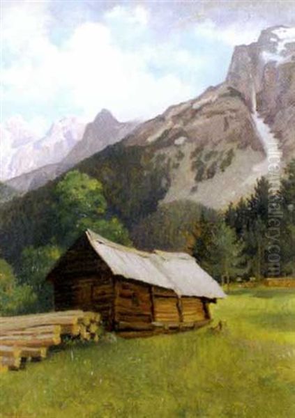 Holzhutte Mit Dachstein Oil Painting by Karl Maria Schuster