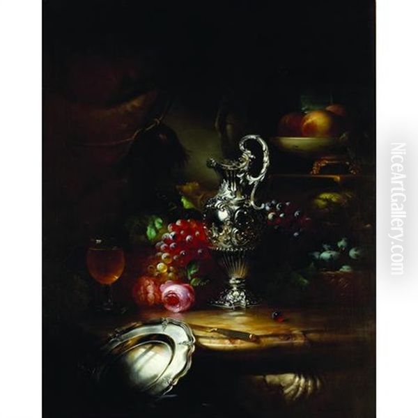 A Still Life With Fruit And Flowers, A Glass Of Wine, Silver Jug And Plate In The Foreground Oil Painting by Ludwig Schuster