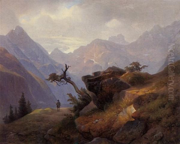 Gebirgslandschaft Mit Jager Oil Painting by Ludwig Schuster