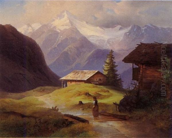 Gebirgslandschaft Mit Hutten Oil Painting by Ludwig Schuster