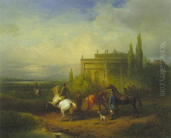 Reiter Und Kutsche Vor Dem Schloss Oil Painting by Ludwig Albrecht Schuster