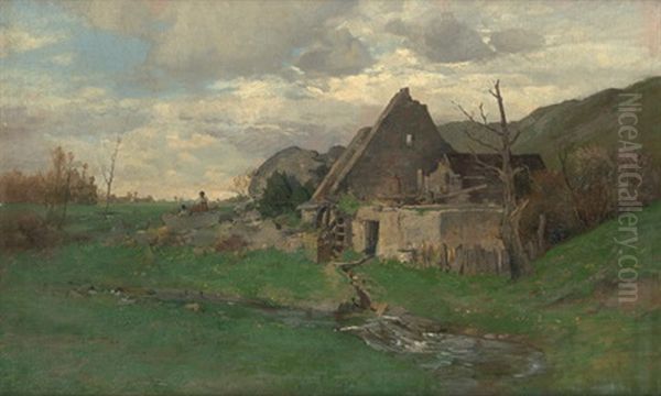 Riesengebirgslandschaft Im Vorfruhlung Mit Abgebrannter Muhle Oil Painting by Rudolf Schuster