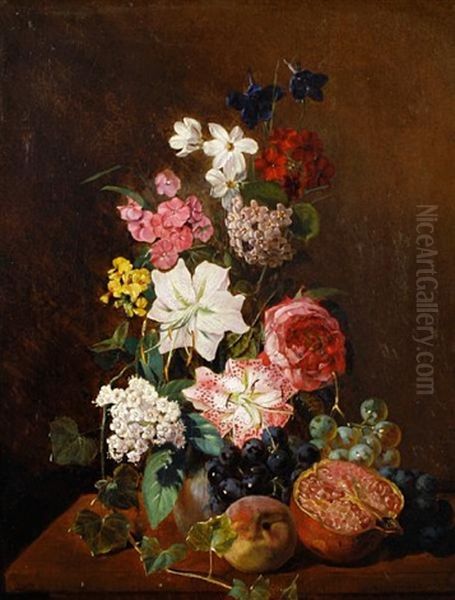 Still Life Of Flowers And Fruit Oil Painting by Rudolf Schuster