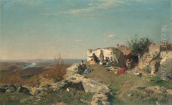 A Picnic On The Hill Oil Painting by Rudolf Schuster