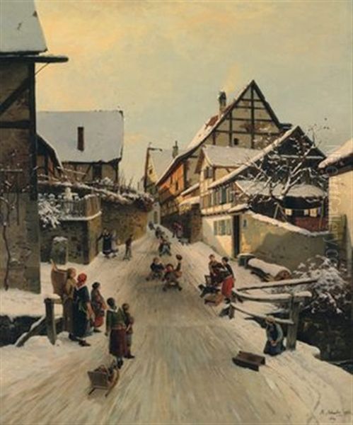 Die Rodelpartie, Winter Im Riesengebirge Oil Painting by Rudolf Schuster