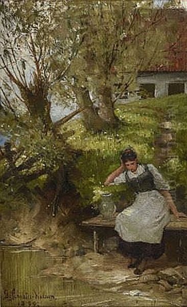 Rastendes Bauerndirndl An Der Wasserstelle Oil Painting by Georg Schuster-Woldan