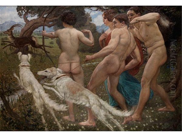 Diana Und Ihr Gefolge Bei Der Jagd, 1912 Oil Painting by Raffael Schuster-Woldan