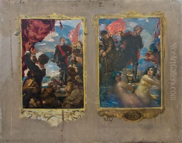 Zwei Doppelolskizzen Mit Kriegsszenerien Und Portraitstudien (2 Works) Oil Painting by Raffael Schuster-Woldan