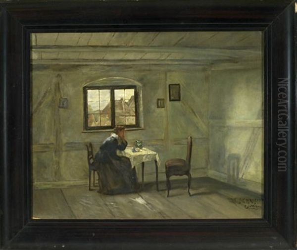 Stubeninterieur Mit Nachdenklicher Frau Oil Painting by Raffael Schuster-Woldan