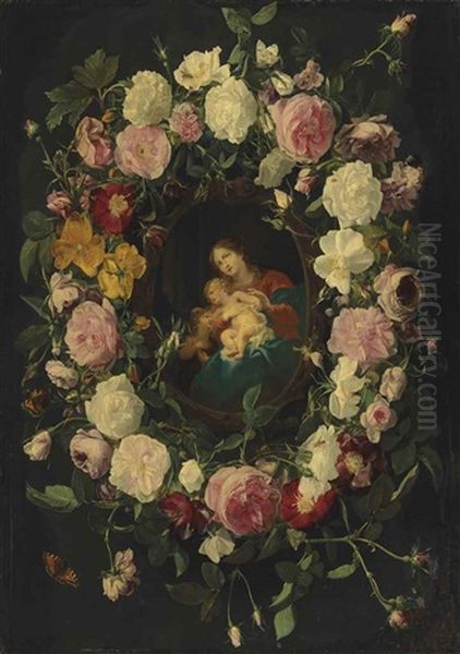 A Garland Of Roses, With Red Admirals, Wasps, Ladybirds And Other Insects, With The Virgin And Child With The Infant Saint John The Baptist In A Sculpted Cartouche Oil Painting by Cornelis Schut the Elder