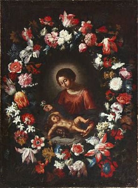 The Virgin Mary And The Infant Jesus Surrounded By A Large Festoon With Numerous Flowers Oil Painting by Cornelis Schut the Elder