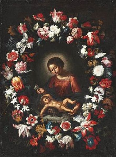 The Virgin Mary And The Infant Jesus Surrounded By A Large Festoon With Numerous Flowers Oil Painting by Cornelis Schut the Elder