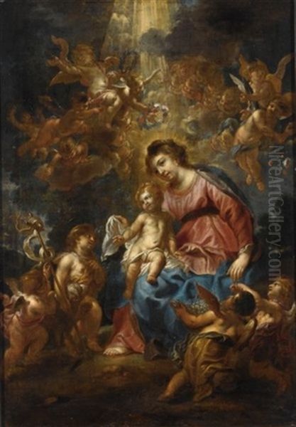 The Madonna And Child With The Infant Saint John, Surrounded By Angels Oil Painting by Cornelis Schut the Elder