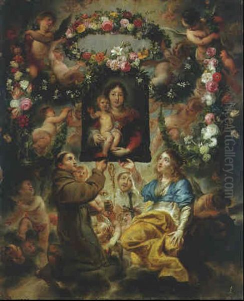 Saint Francis And Saint Catherine Holding Aloft A Painting Of The Madonna And Child Adorned By Garlands Of Flowers Borne By Putti Oil Painting by Cornelis Schut the Elder