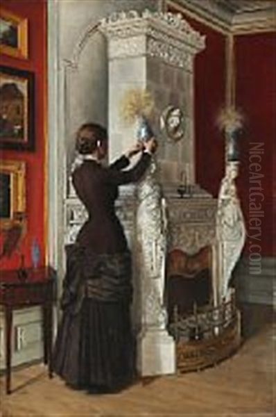 Interior From Bygholm Castle With A Back Turned Woman By The Fireplace by Oscar Schutte