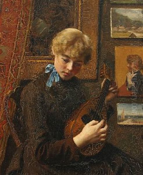 Interior With Woman Playing The Mandolin by Oscar Schutte