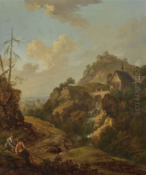 Ideal Rocky Landscape With A Chapel Over A Waterfall And A Castle Ruin Oil Painting by Christian Georg Schuetz the Elder