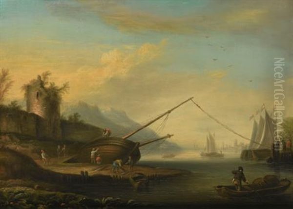 View Of The Rhine Valley With Ships Oil Painting by Christian Georg Schuetz the Elder