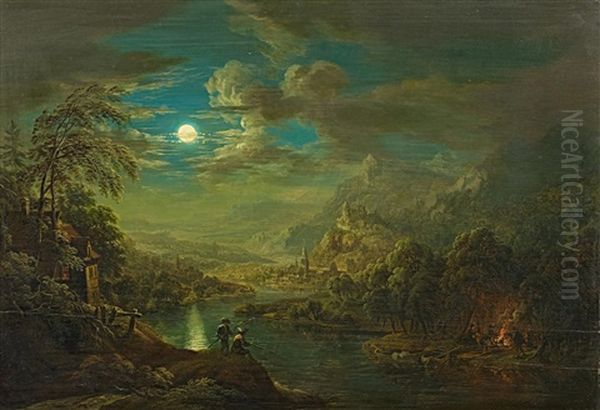 Flusslandschaft Im Mondschein Oil Painting by Christian Georg Schuetz the Elder