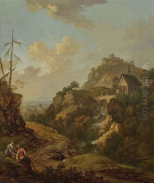 Ideale Felsenlandschaft Mit Einer Kapelle Uber Einem Wasserfall Und Burgruine Oil Painting by Christian Georg Schuetz the Elder