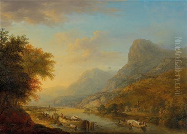 A Tree-lined River Landscape Oil Painting by Christian Georg Schuetz the Elder