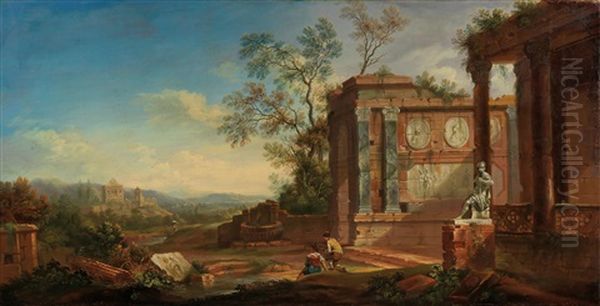 A River Landscape With Ancient Ruins by Christian Georg Schuetz the Elder