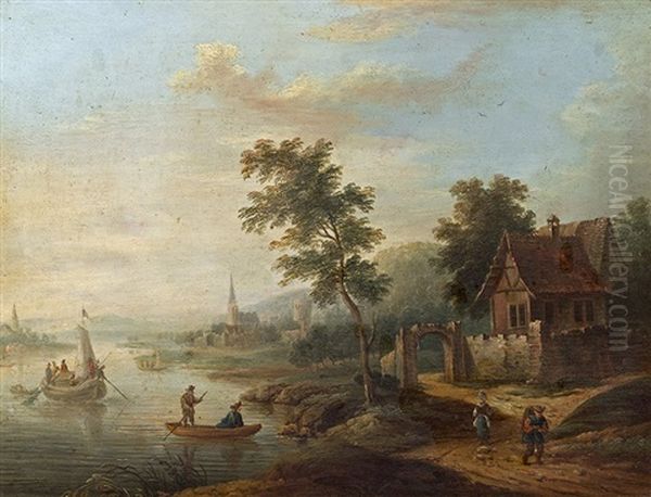 Flusslandschaft Mit Booten Und Einer Stadt Im Hintergrund Oil Painting by Christian Georg Schuetz the Elder