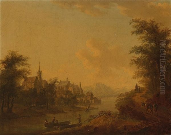 A River Landscape With Two Churches On Opposite Banks Oil Painting by Christian Georg Schuetz the Elder