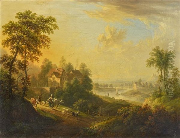 Abendstimmung Uber Einem Flusstal Oil Painting by Christian Georg Schuetz the Elder