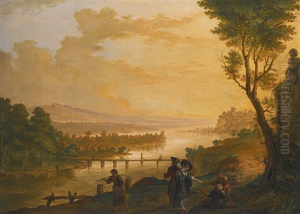 A River Landscape At Sunset, With Elegantly-dressed Figures Giving Alms To A Beggar Oil Painting by Christian Georg Schuetz the Elder