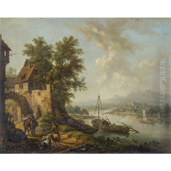 Rheinlandschaft Mit Staffage Oil Painting by Christian Georg Schuetz the Elder