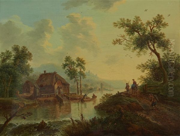 Paysage De Riviere Avec Des Bergers Et Une Barque (+ Paysage De Cascade Avec Des Bergers; Pair) Oil Painting by Christian Georg Schuetz the Elder