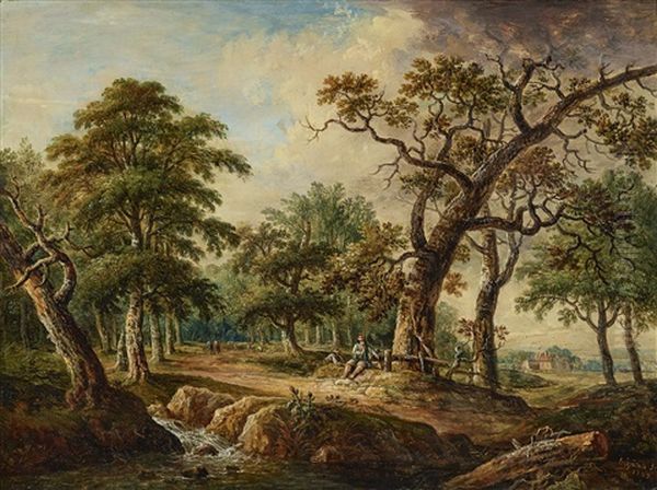 Forest Landscape With People Oil Painting by Christian Georg Schuetz the Younger