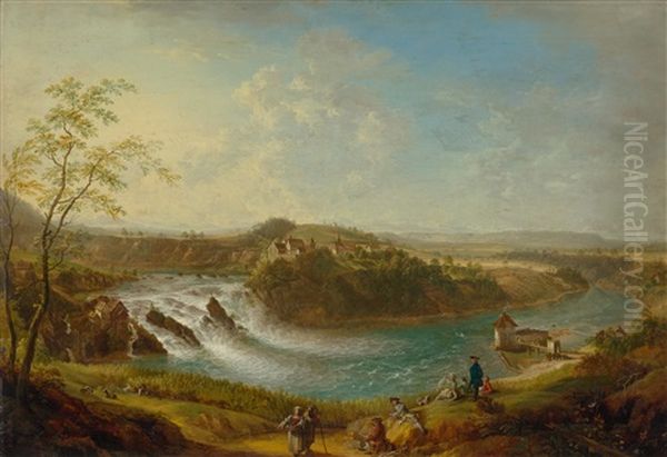 An Elegant Company At Rhine Falls Oil Painting by Christian Georg Schuetz the Younger