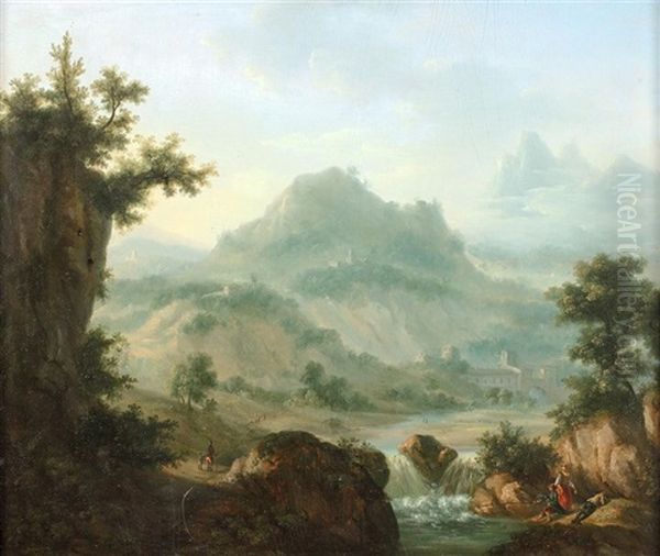 Paysage De La Vallee Du Rhin Anime De Personnages Oil Painting by Christian Georg Schuetz the Younger