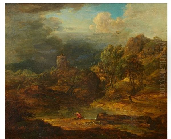 Stormy Landscape With An Angler Oil Painting by Christian Georg Schuetz the Younger