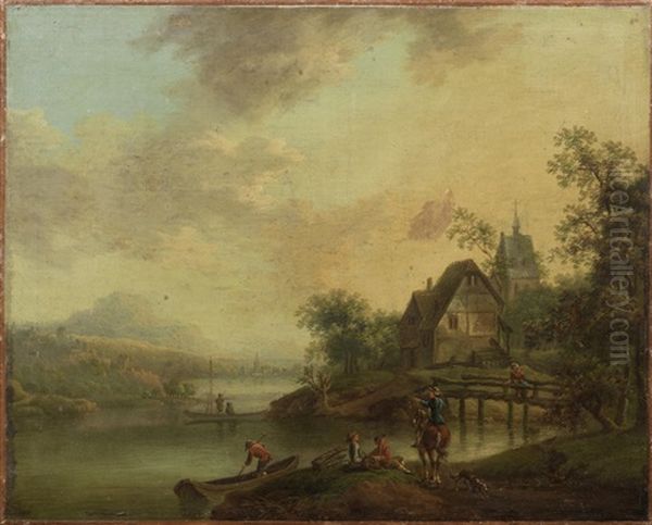 An Extensive River Landscape With Travellers Resting Before A Cottage; And A Figure On Horseback With Others Resting Before A River Landscape (2) Unframed Oil Painting by Christian Georg Schuetz the Younger