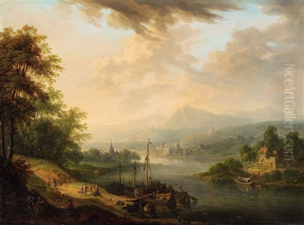 Morgendammerung: Rheinlandschaft Mit Reisenden Und Fahre, Abenddammerung: Rheinlandschaft Mit Schloss Und Fahre Oil Painting by Christian Georg Schuetz the Younger