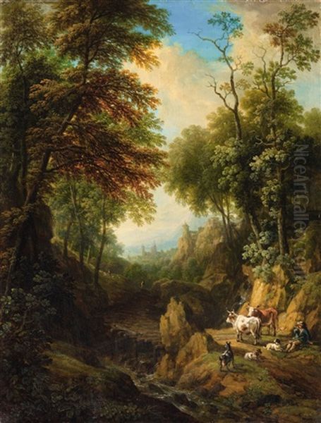 Fanciful Rhenish Landscape Oil Painting by Christian Georg Schuetz the Younger