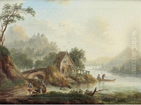 An Extensive River Landscape With Travellers Resting Before A Cottage (+ Travellers Before A Walled Town In An Italianate Landscape; Pair) Oil Painting by Christian Georg Schuetz the Younger