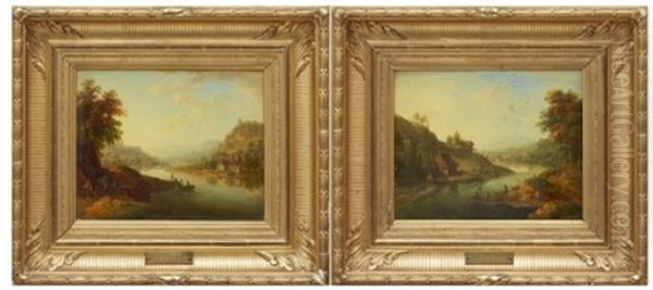 Rhenska Flodlandskap Med Figurer (+ Another, Similar; Pair) Oil Painting by Christian Georg Schuetz the Younger