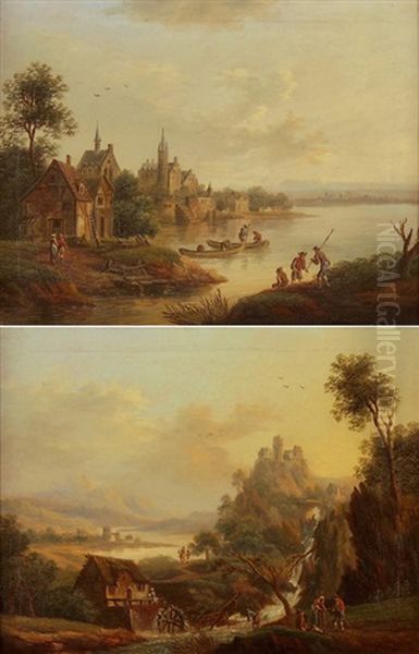 Gegenstucke: Rheinlandschaft Mit Dorf Und Rheinlandschaft Mit Burg (pair) Oil Painting by Christian Georg Schuetz the Younger