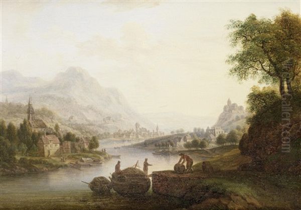 A Rhenish River Landscape With Figures Crossing A Bridge, A Town In The Distance; And A Rhenish River Landscape With Figures Loading A Barge (pair) Oil Painting by Christian Georg Schuetz the Younger