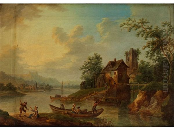 Hausergruppe Mit Ruinosem Turm An Einer Flussbiegung Mit Fischerkahnen Und Figurenstaffage Oil Painting by Christian Georg Schuetz the Younger