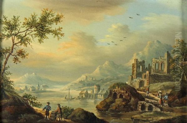 Fluslandschaft Mit Ruinen, Steinbrucke Und Staffagefiguren, Im Mittelgrund Inseln Mit Turmen Und Dorfer, Im Hintergrund Hohe Berge Oil Painting by Christian Georg Schuetz the Younger