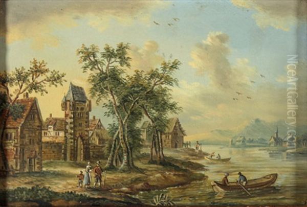 Flusslandschaft Mit Stadttor Und Hausern, Unter Den Hohen Baumen Figurenstaffage, Auf Dem Fluss Ruderboote, Am Gegenuberliegenden Ufer Ein Dorf Und Bergrucken Oil Painting by Christian Georg Schuetz the Younger