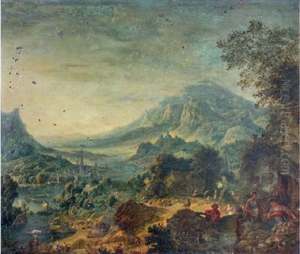 Paysage De Montagne Avec Vallee Animee Oil Painting by Christian Georg Schuetz the Younger