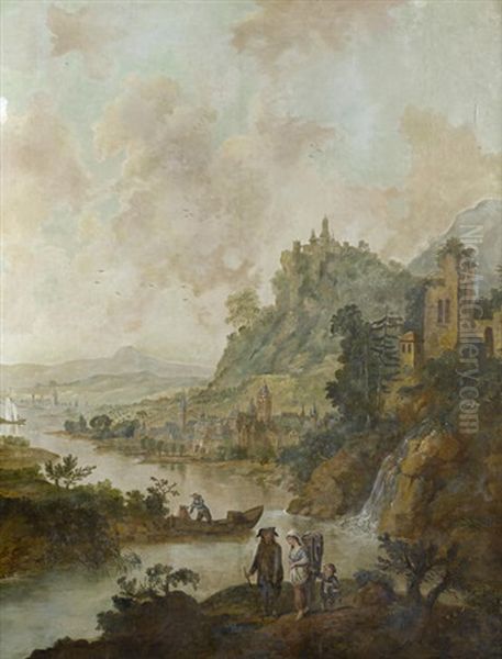 A Mountainous River Landscape With Travellers On A Path In The Foreground Oil Painting by Christian Georg Schuetz the Younger