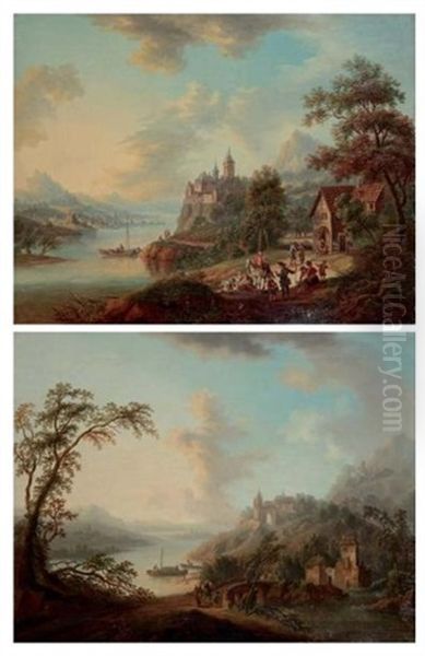 Vue Du Rhin (+ Another; Pair) Oil Painting by Christian Georg Schuetz the Younger