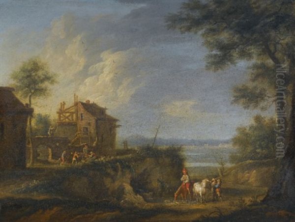 A Landscape With Peasants Watering Their Horses At The Stream (5 Works) Oil Painting by Christian Georg Schuetz the Younger